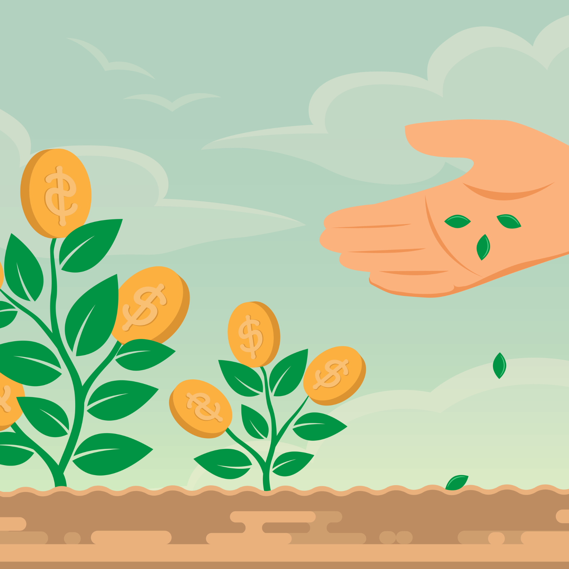 Graphic Of Two Plants Growing Coins Followed By A Hand Planting Seeds