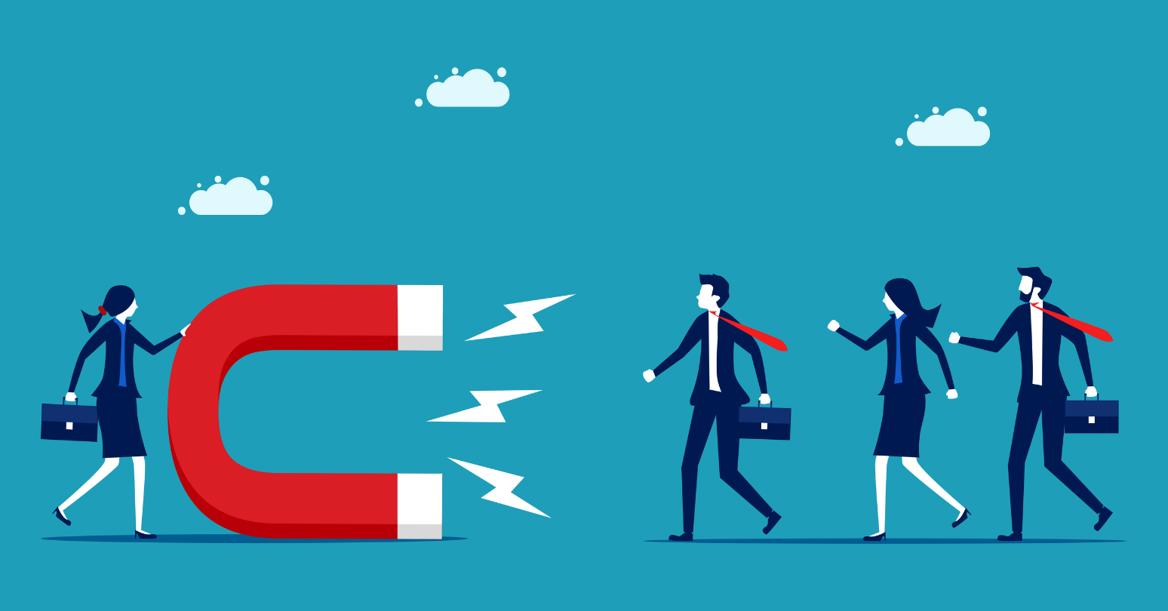 Illustration Of A Woman In Suit Holding A Giant Magnet, Pulling Three Others Towards Her