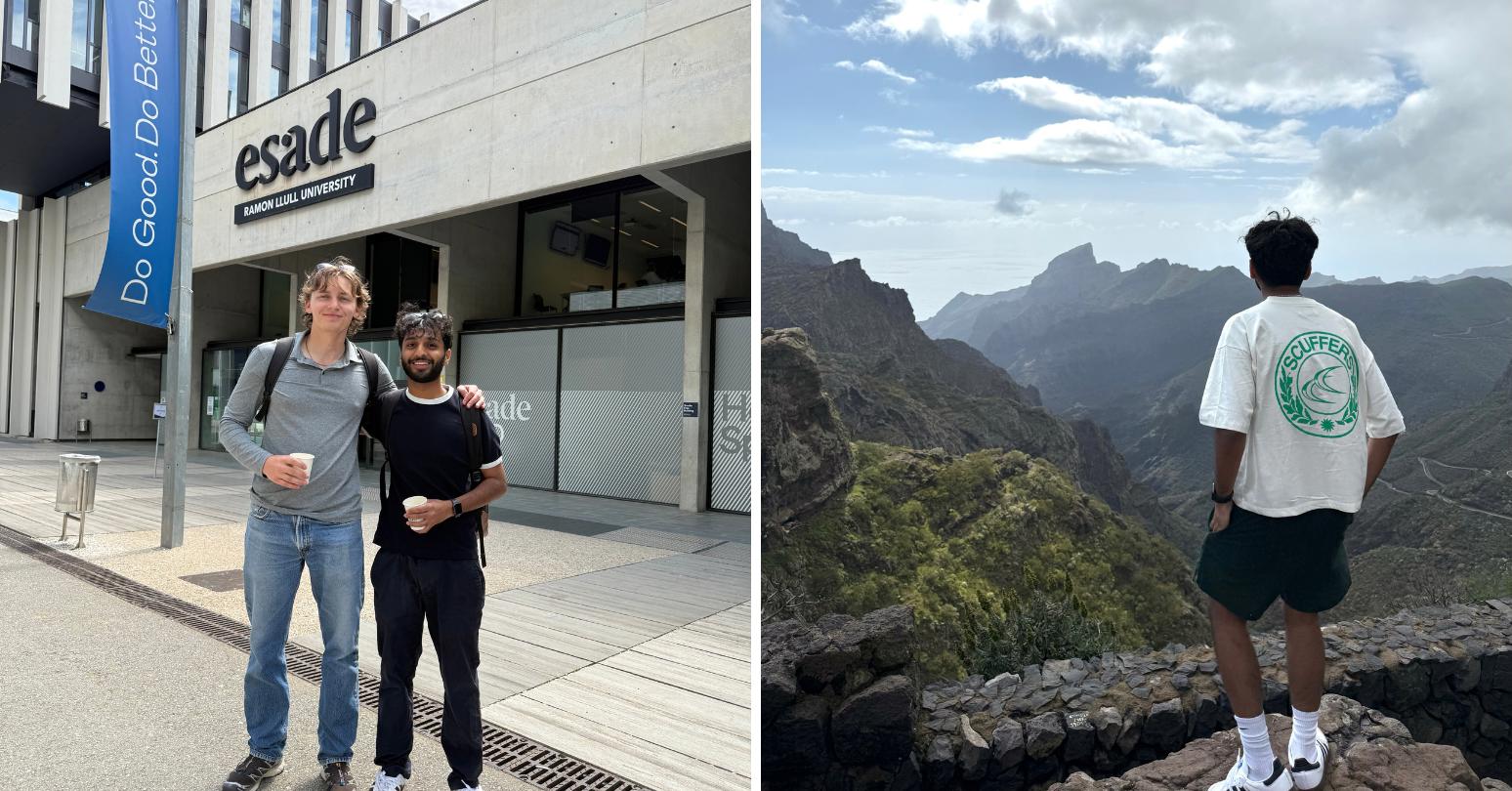 L-r: Kaamil Quidwai and Graeme Hlady (HBA '25) on their final day of classes at ESADE; Overlooking the volcanic cliffs of Masca Valley in Tenerife, Canary Islands