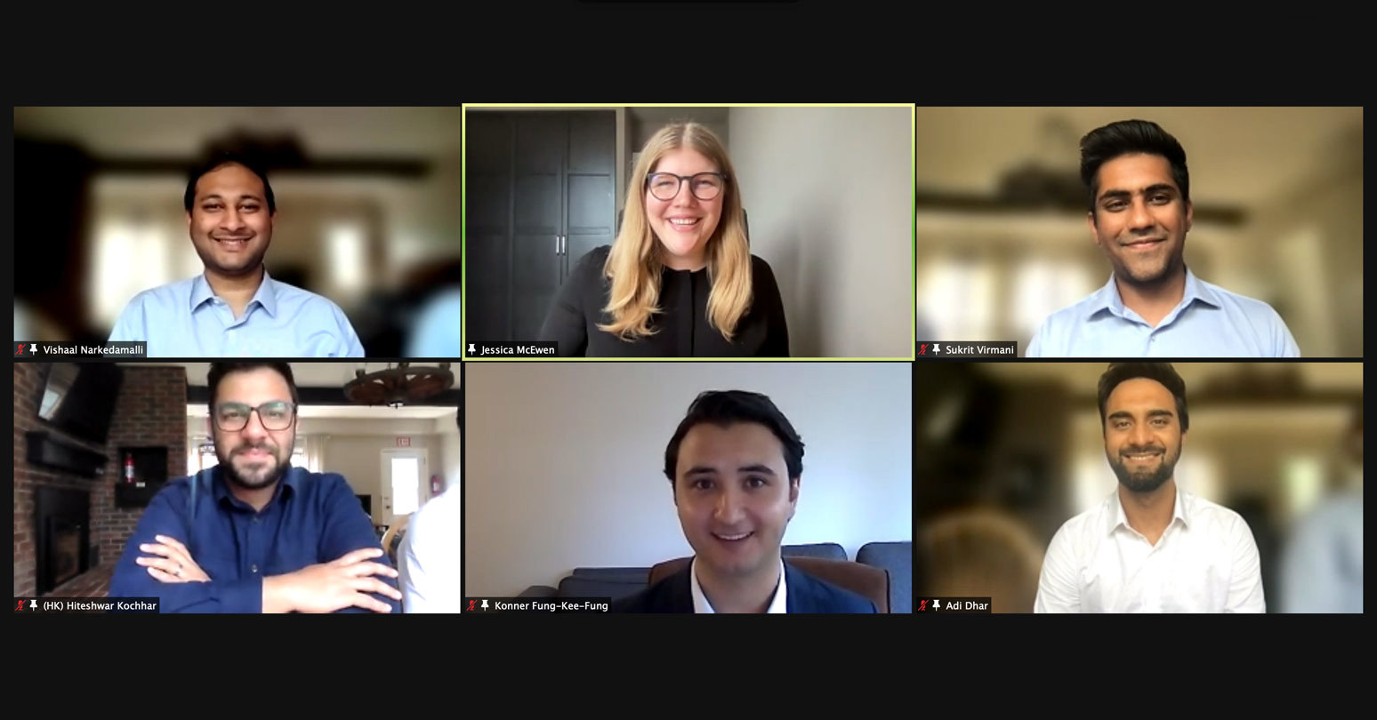 MBA Showcase Team 18 (top, l-r): Vishaal Narkedamalli, Jessica McEwen, Sukrit Virmani; (bottom, l-r): Hiteshwar Kochhar, Konner Fung-Kee-Fung, Adi Dhar.