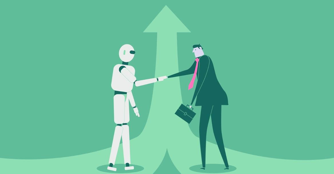 Green Graphic Of Robot And Business Leader Shaking Hands