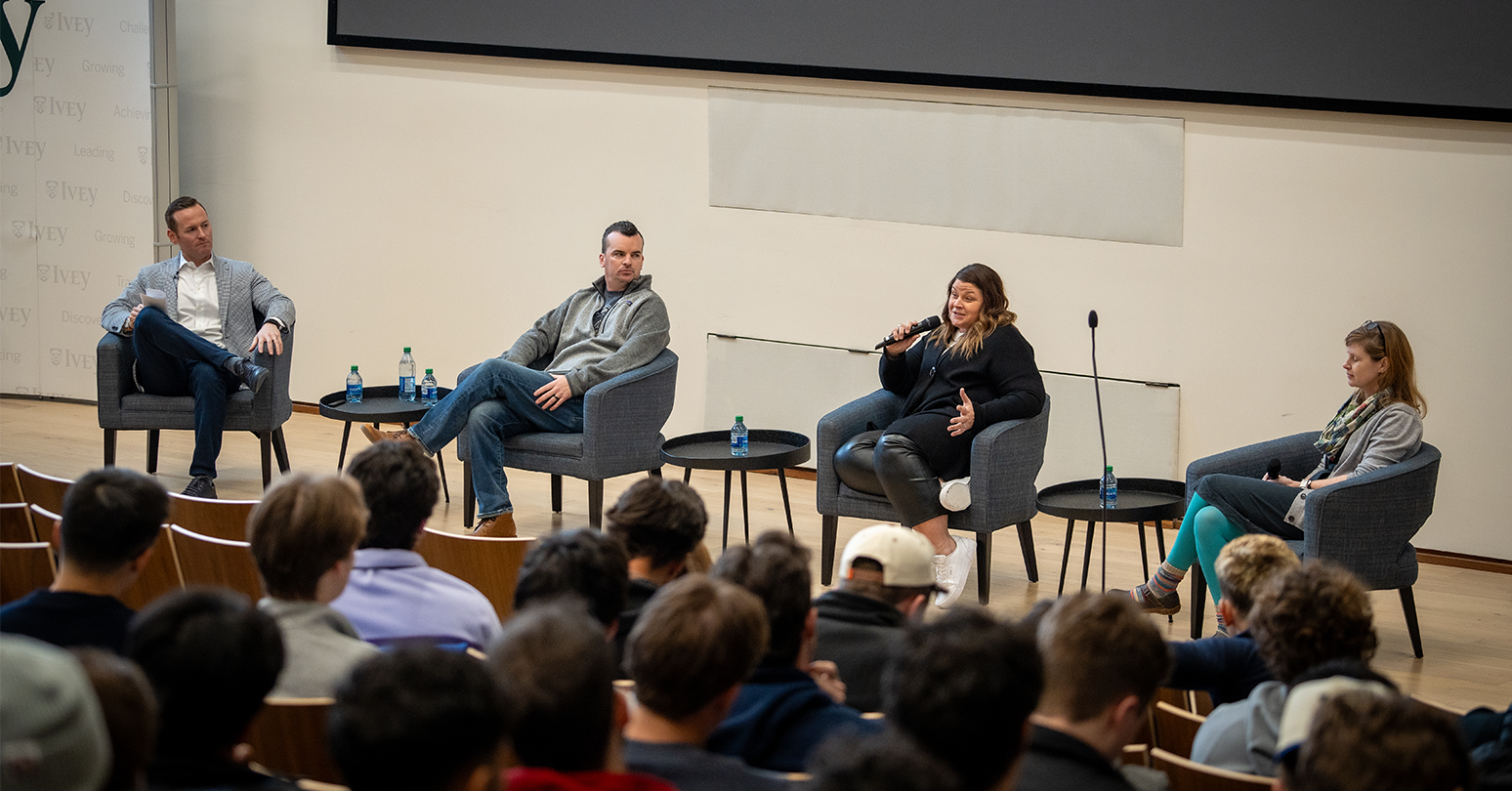 A panel discussion with entrepreneurs, l-r: Eric Janssen, David Ward, Kyla Woodcock, Kristen Wise