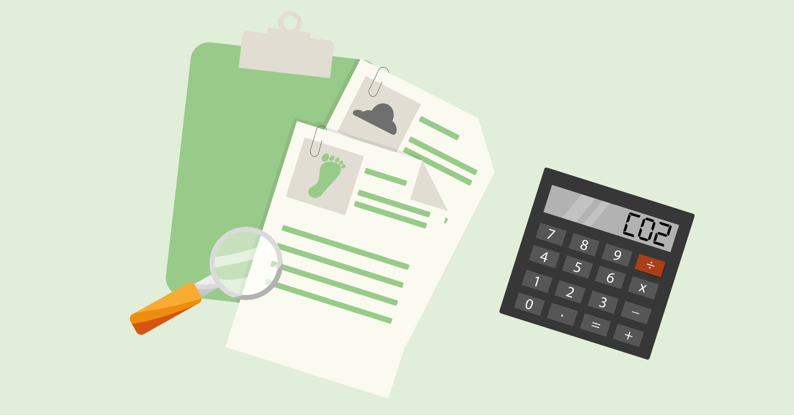 Horizontal Graphic Of A Clipboard, Documents, And Calculator With A Screen That Reads CO2