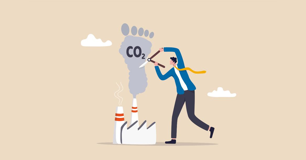 Horizontal Graphic Of Individual In Suit Using Scissors To Cut Carbon Emissions From Smoke Stacks