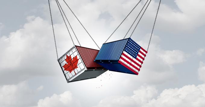 Graphic Of Canadian And American Shipping Containers On Chains Swinging Against Each Other In A Turbulent Sky