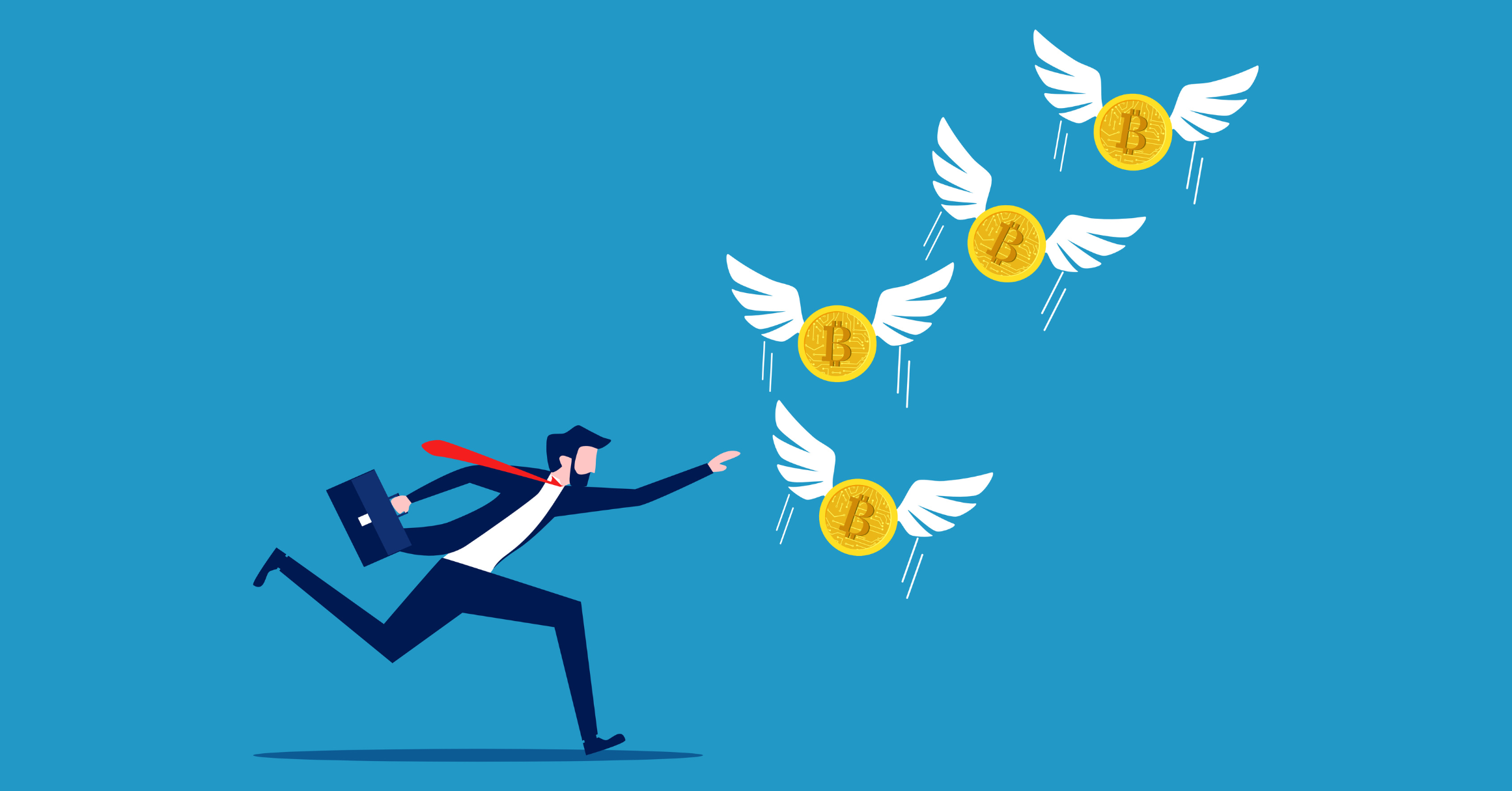 Illustration Of Man In Suit Chasing Flying Bitcoin With Wings