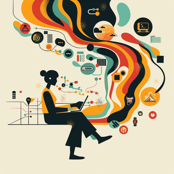 Illustration Of Woman Using Computer With Data Icons Emerging From It