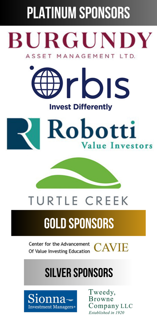 A group of sponsor logos including Burgundy, Orbis, Robotti, Turtle Creek, CAVIE, Sionna, and Tweedy, Browne Company