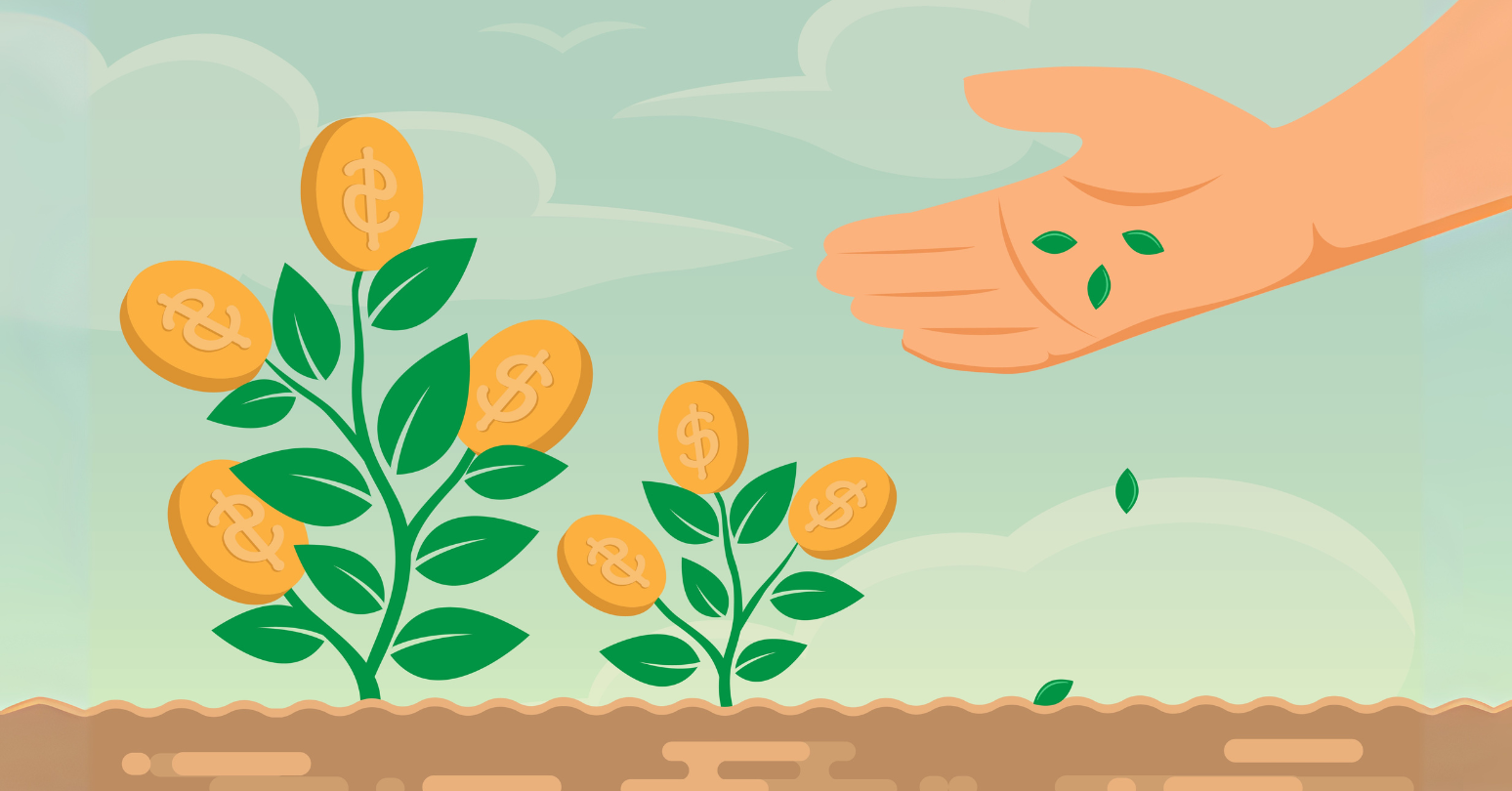 Graphic Of Two Plants Growing Coins Followed By A Hand Planting Seeds
