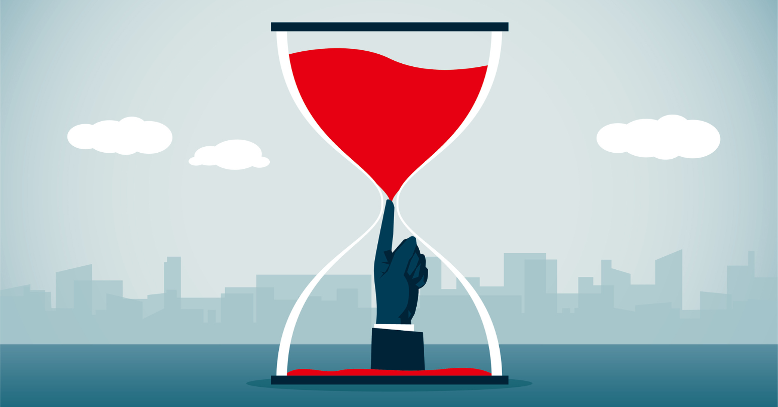 Graphic Of Hour Glass With Hand Blocking Red Sand