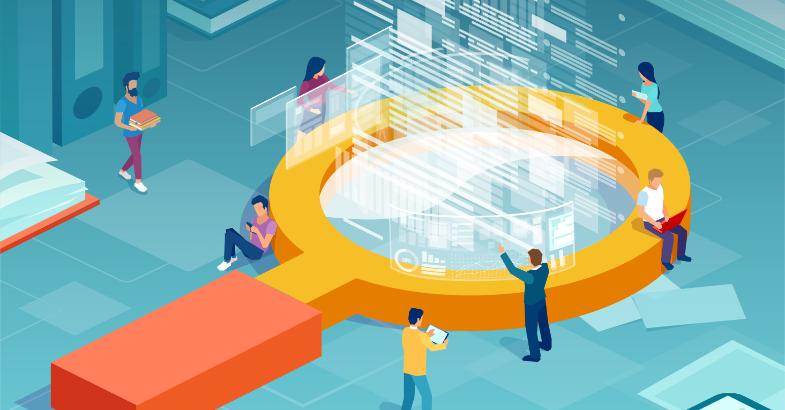 Graphic Of Individuals Around A Large Magnifying Glass Emitting Digital Information