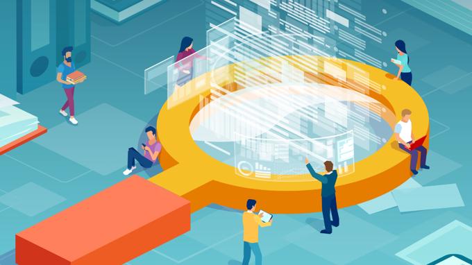Graphic Of Individuals Around A Large Magnifying Glass Emitting Digital Information