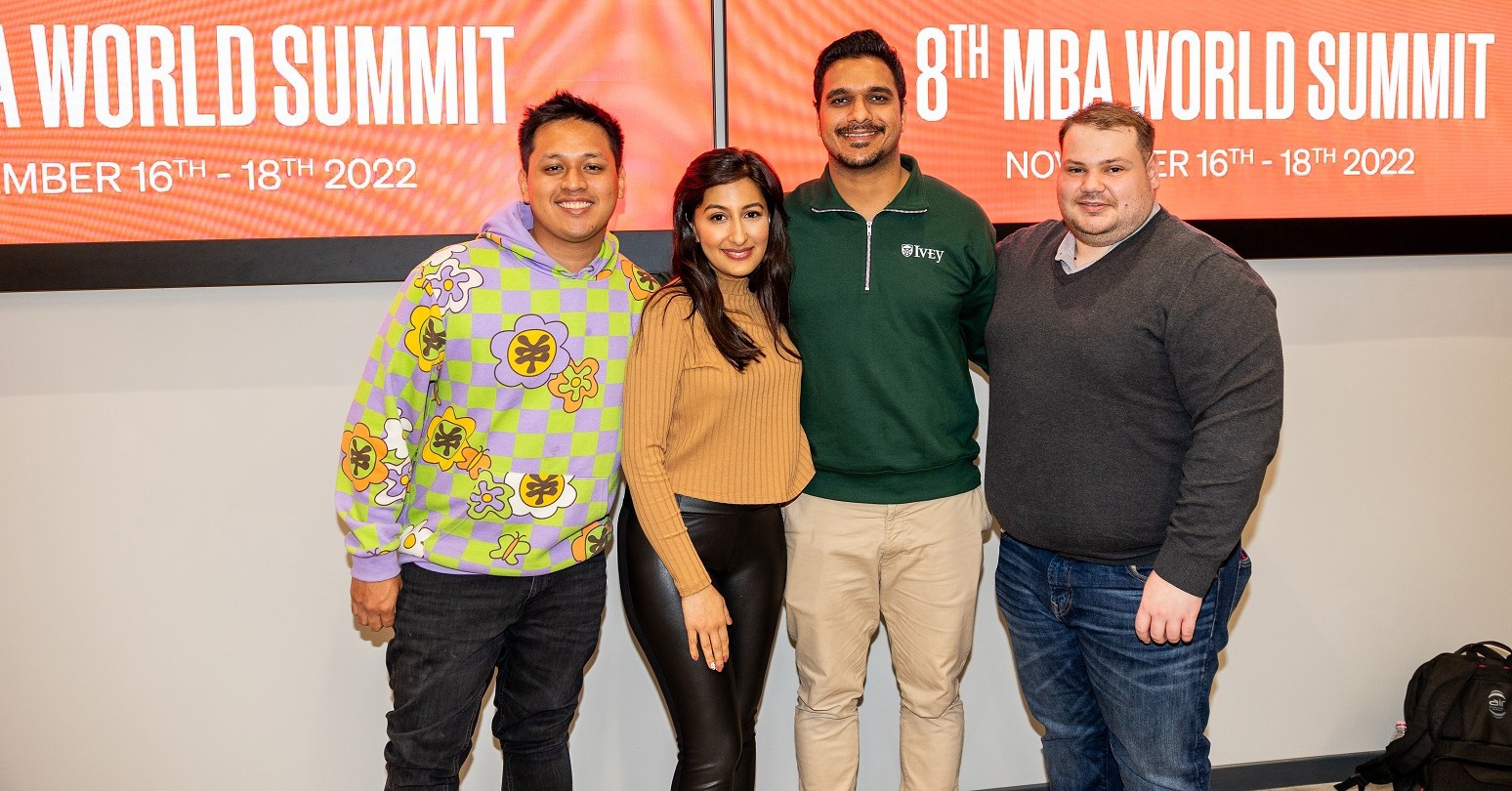 Ivey MBA students Mateo Balmes, Asma Haneef, Nishant Sharma, and Jon Bertulli at the 2022 MBA World Summit
