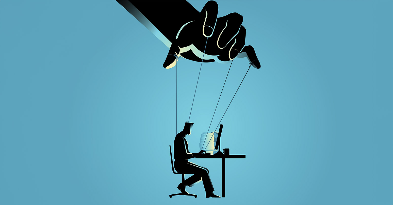 A Blue And Black Illustration, Where A Large Hand Holds Puppet Strings Over A Person Working At A Computer Desk