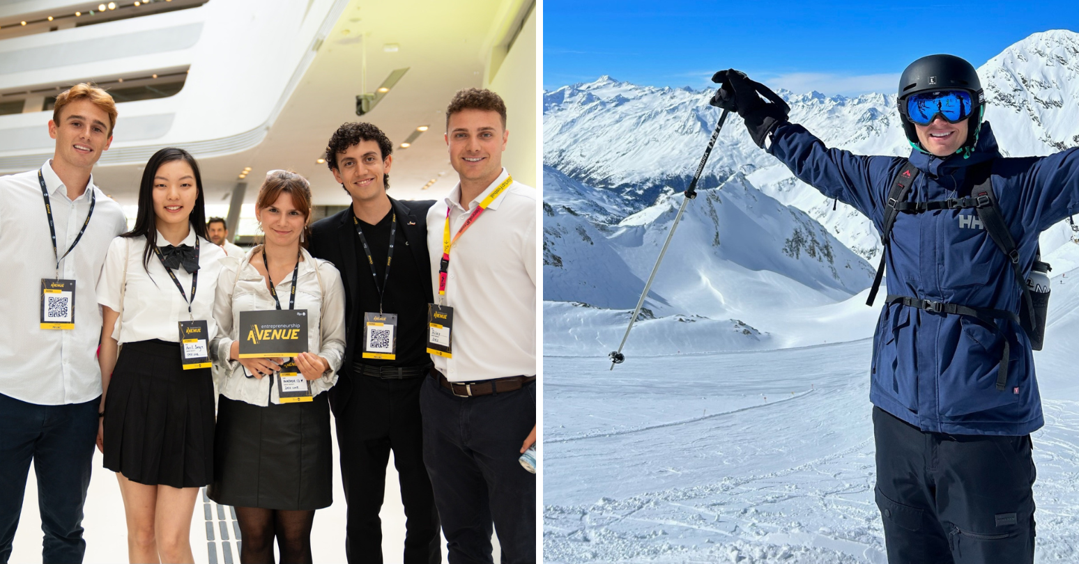 Left image: Shane Bachman (far left) and Riley Hummel-Kusins (far right) at the startup competition. Right image: Shane Bachman skiing