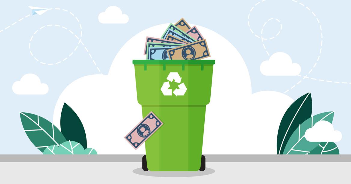 Illustration Of A Green Bin Filled With Canadian Currency.